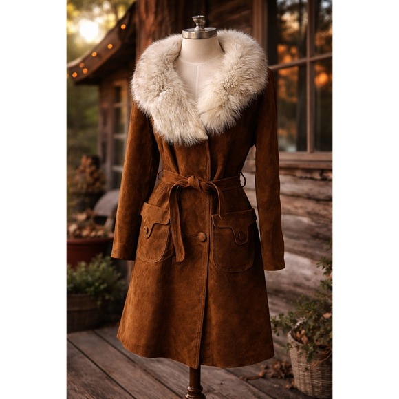 Vintage Jackets & Blazers - Vintage Brown Suede Trench Coat With White Fur Collar Belted 70s Penny Lane M